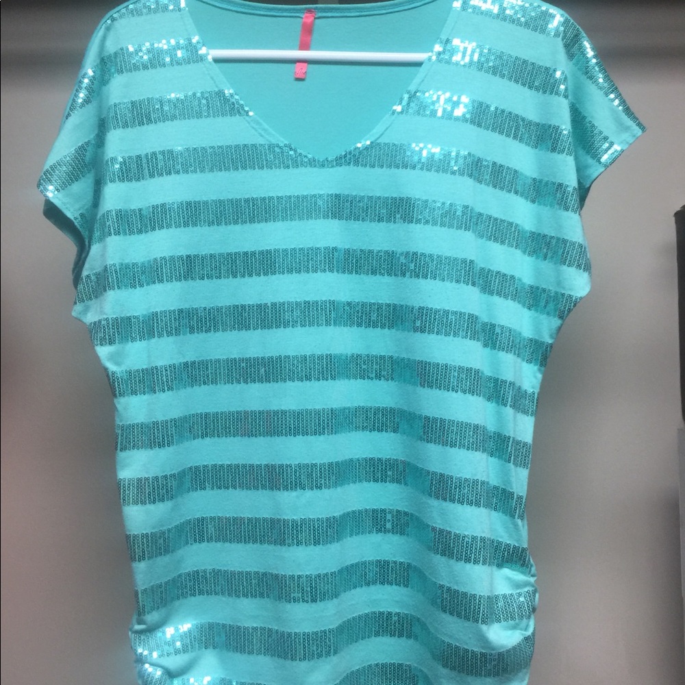 ✨Turquoise Striped Sequins Side Ruffle Top✨ 5/$25